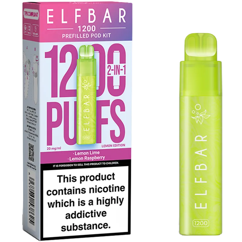 Elf Bar 1200 2-in-1 Lemon Edition pod kit and box.