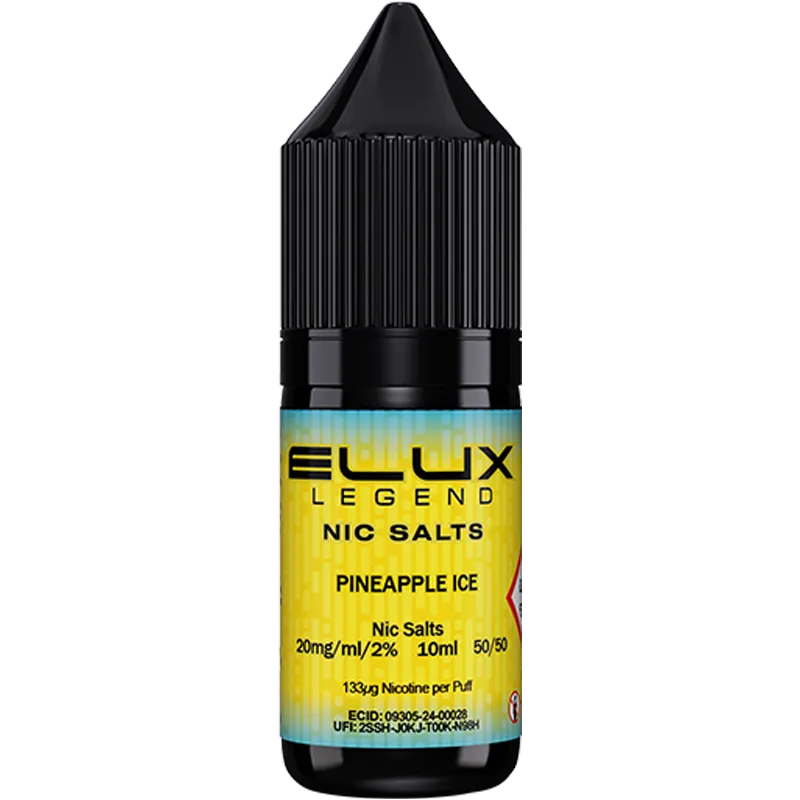 Pineapple ice flavoured ELUX Legend Nic Salts  on a white background with product information below in gold boxes.