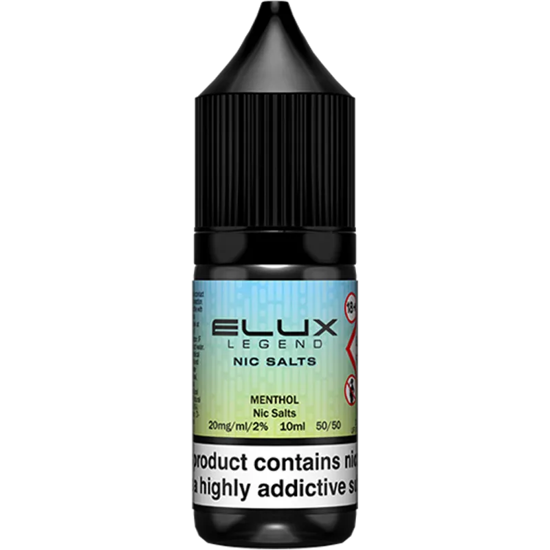 Menthol flavoured ELUX Legends Nic Salts e-liquid on a white background with product information below in gold boxes.