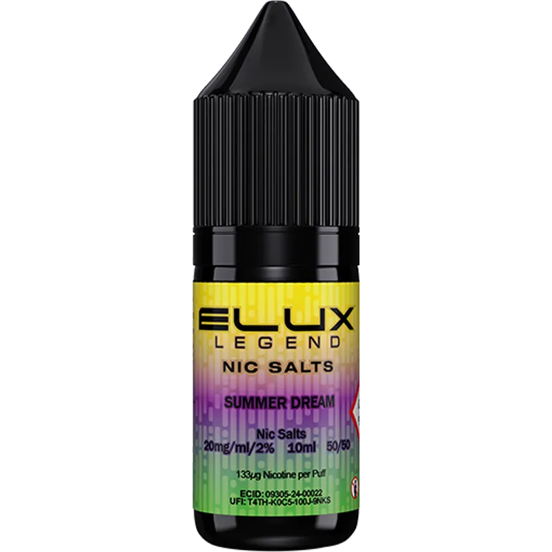 Summer dream flavoured ELUX Legends Nic Salts e-liquid on a white background with product information below in gold boxes.