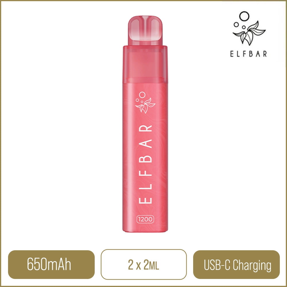 Elf Bar 1200 2-in-1 Strawberry Ice pod kit on a white background with product information below in a gold box.