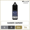 Blueberry raspberry Elux Legend Nic Salts e-liquids on a white background with product information below with product information in gold boxes.