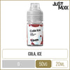 Cola ice flavoured Just Mixx e-liquid on a white background with product information below in a gold box.