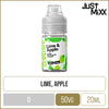 Lime & apple flavoured Just Mixx 20ml e-liquid on a white background with gold boxes below.