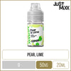 Pear & lime flavoured Just Mixx 20ml e-liquid on a white background with product information below in a gold box.