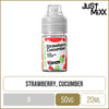 Just Mixx strawberry cucumber 20ml e-liquid on a white background with product information below.