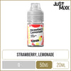 Strawberry lemonade Just Mixx 20ml e-liquid on a white background with product information below in a gold box.