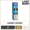 Blueberry sour raspberry flavoured Lost Mary 4in1 pod pack on a white background with product information below in gold boxes.