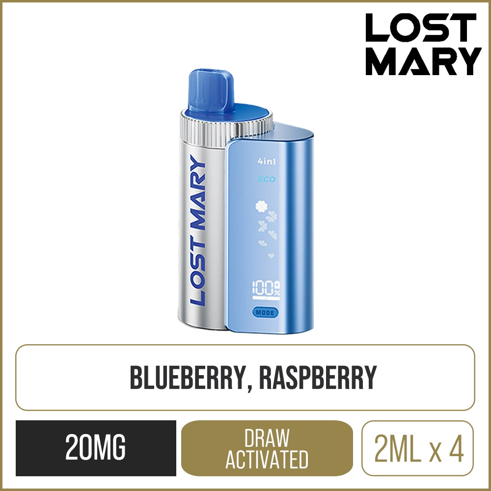 Blueberry sour raspberry flavoured Lost Mary 3200 4in1 pod kit on a white background with product information below in gold boxes.