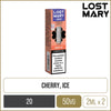 Cherry ice flavoured Lost Mary 4in1 pods on a white background with product information below in gold boxes.