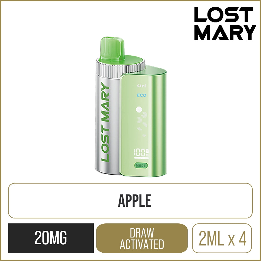 Double apple flavoured Lost Mary 4in1 pod kit on a white background with product information below in gold boxes.