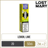 Lemon lime flavoured Lost Mary 4in1 in pod pack on a white background with product information below in gold boxes.