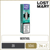 Menthol flavoured Lost Mary 4in1 pod pack on a white background with product information below in gold boxes.