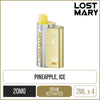 Pineapple ice flavoured Lost Mary 4in1 3200 pod kit on a white background with product information below in gold boxes.