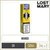 Triple mango flavoured Lost Mary 4in1 pod pack on a white background with product information below in gold boxes.