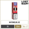 Watermelon ice Lost Mary 4in1 pod pack on a white background with product information below in a gold box.