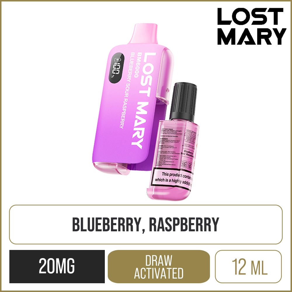 Lost Mary BM6000 on a white background  with logo and product information below in gold boxes.