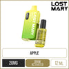 Double apple flavoured Lost Mary BM6000 disposable vape on a white background with product information below in gold boxes.