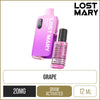 Grape flavoured Lost Mary BM6000 disposable vape on a white background with product information below in gold boxes.