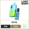 Menthol flavoured Lost Mary BM6000 disposable vape on a white background with product information below.