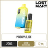 Pineapple ice Lost Mary BM6000 disposable vape on a white background with product information below in gold boxes.