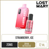 Lost Mary BM6000 strawberry ice disposable vape on a white background with product information below in gold boxes.