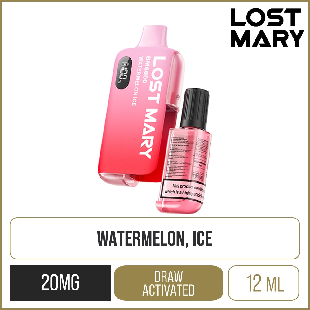 Watermelon ice Lost Mary BM6000 disposable vape on a white background with product information below in gold boxes.