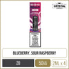Blueberry sour raspberry flavoured Crystal 4in1 pods on a white background with product information below.