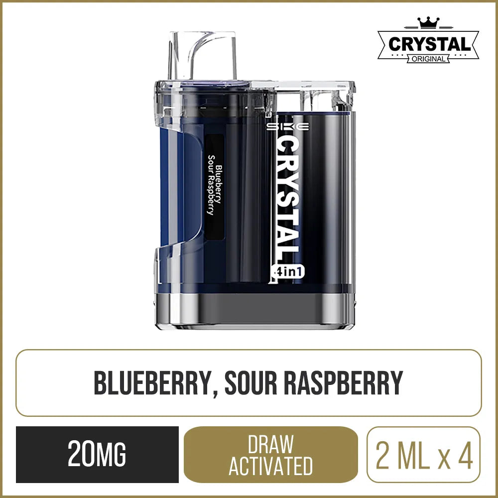 SKE Crystal 2400 4in1 blueberry sour raspberry pod kit on a white background with product information below in gold boxes.