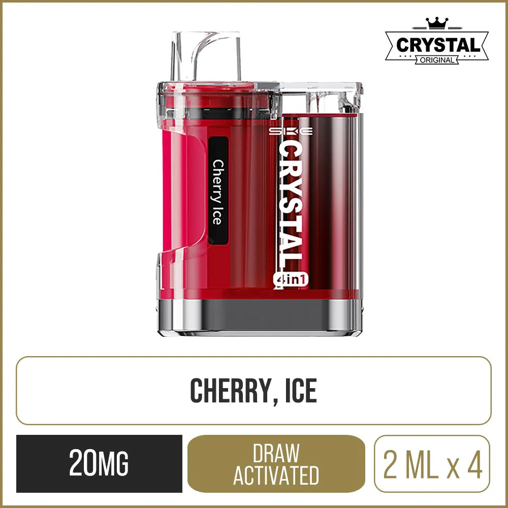 Cherry ice SKE Crystal 2400 4in1 pod kit on a white background with product information below in gold boxes.