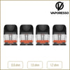 Vaporesso XROS 2.0 pods on a white background with product information in boxes below.