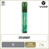 Spearmint flavoured Vuse GO disposable vape on a white background with product information below in gold boxes.