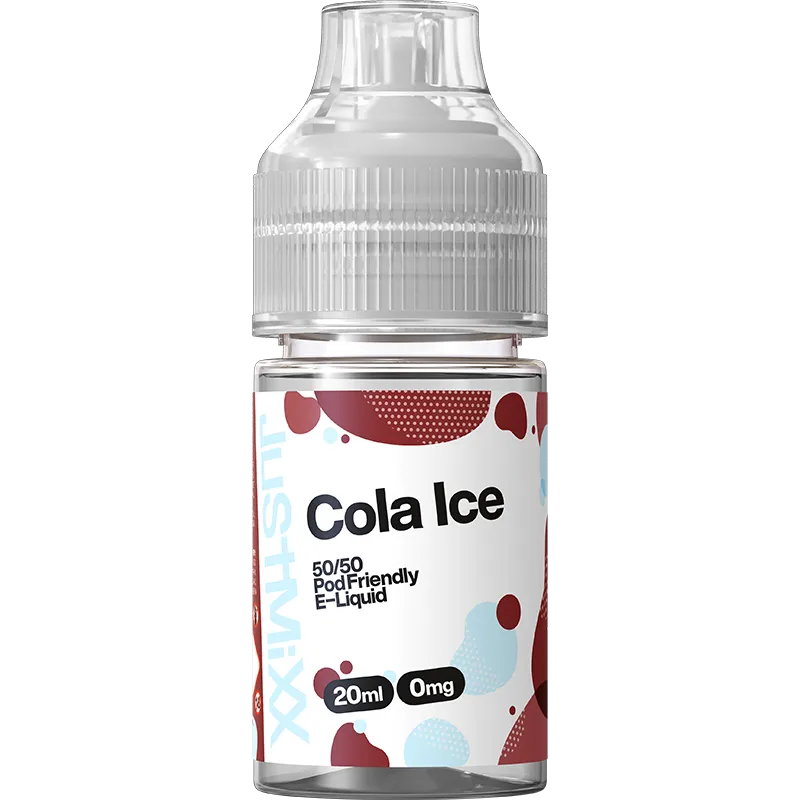 Cola ice flavoured Just Mixx e-liquid on a white background with product information below in a gold box.