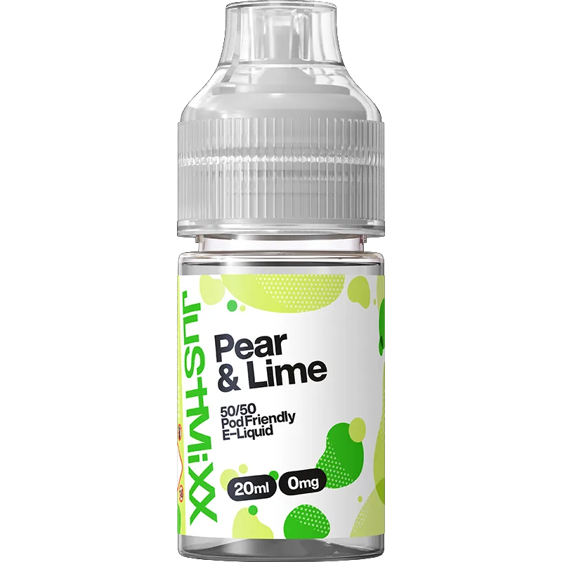 Pear & lime flavoured Just Mixx 20ml e-liquid on a white background with product information below in a gold box.