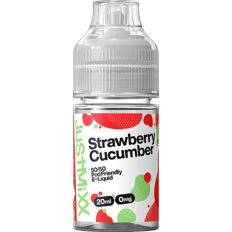 Just Mixx strawberry cucumber 20ml e-liquid on a white background with product information below.