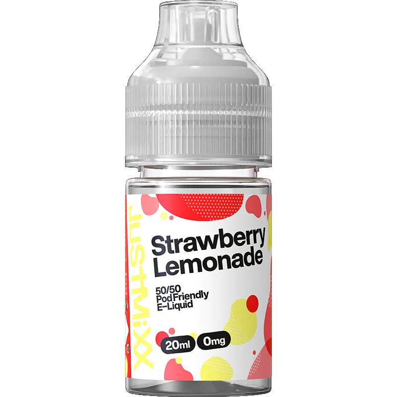 Strawberry lemonade Just Mixx 20ml e-liquid on a white background with product information below in a gold box.