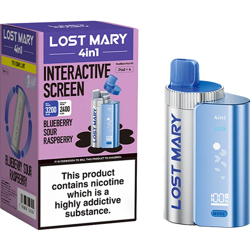 Blueberry sour raspberry flavoured Lost Mary 3200 4in1 pod kit and box on a white background.