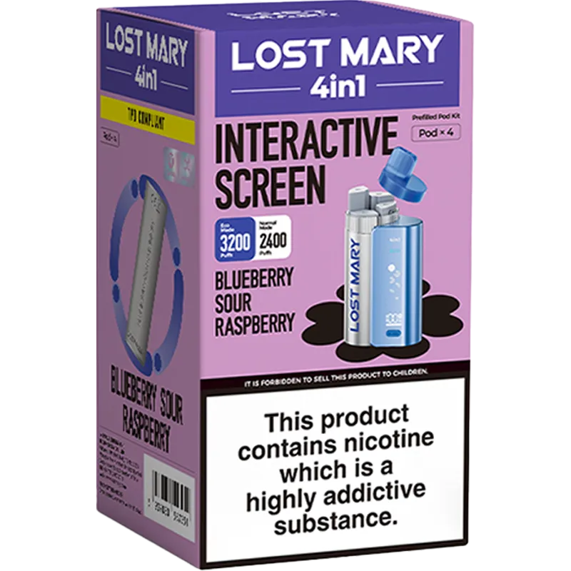 Blueberry sour raspberry flavoured Lost Mary 3200 4in1 pod kit box on a white background.