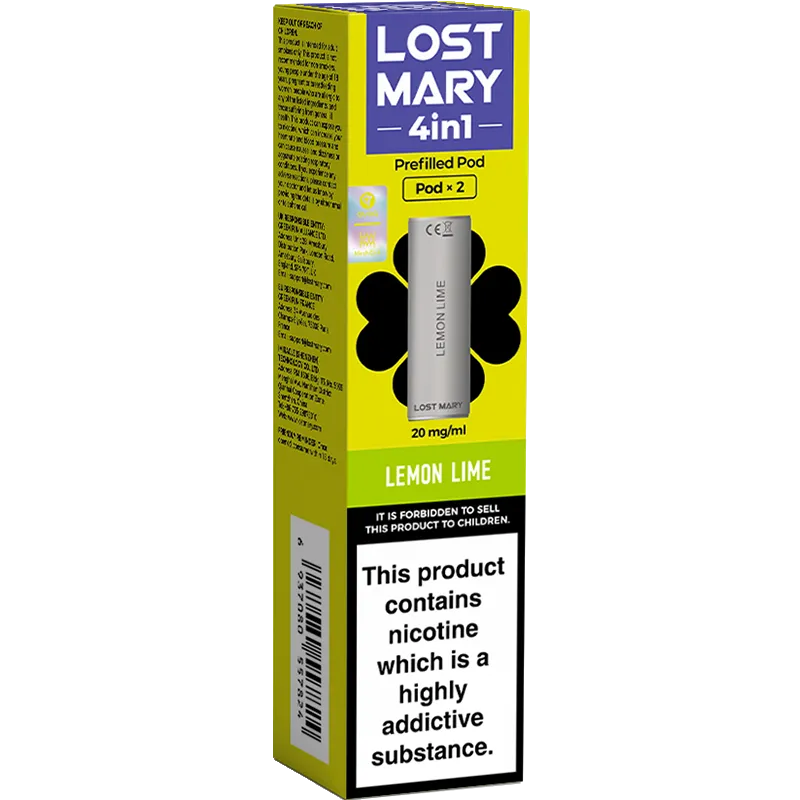 Lemon lime flavoured Lost Mary 4in1 in pod pack on a white background with product information below in gold boxes.