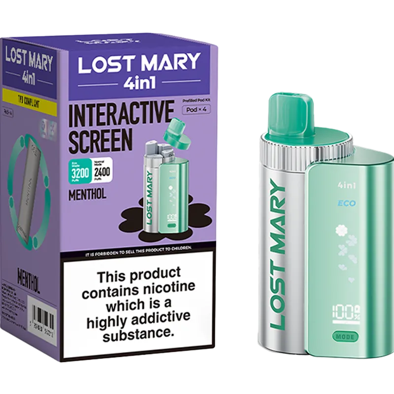 Menthol flavoured Lost Mary 4in1 3200 pod kit and box on a white background