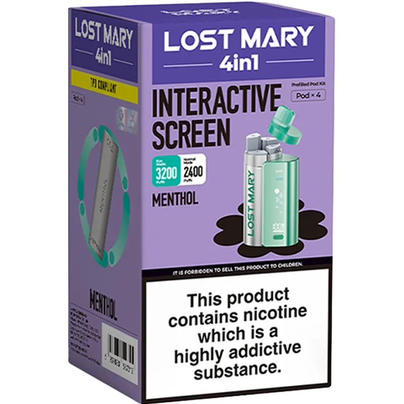 Menthol flavoured Lost Mary 4in1 3200 pod kit box on a white background