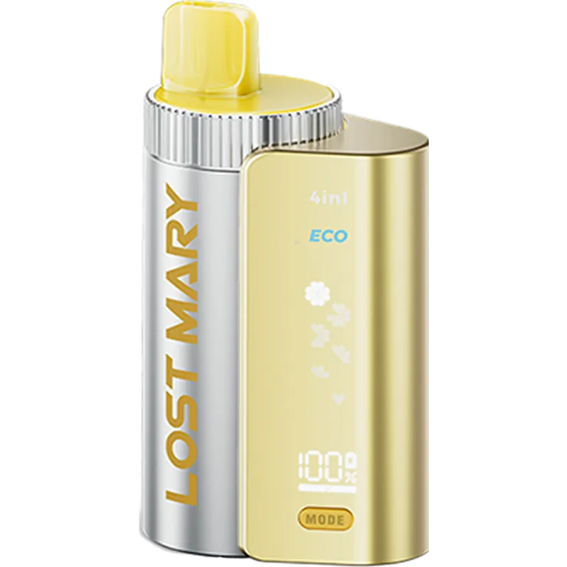 Pineapple ice flavoured Lost Mary 4in1 3200 pod kit on a white background with product information below in gold boxes.