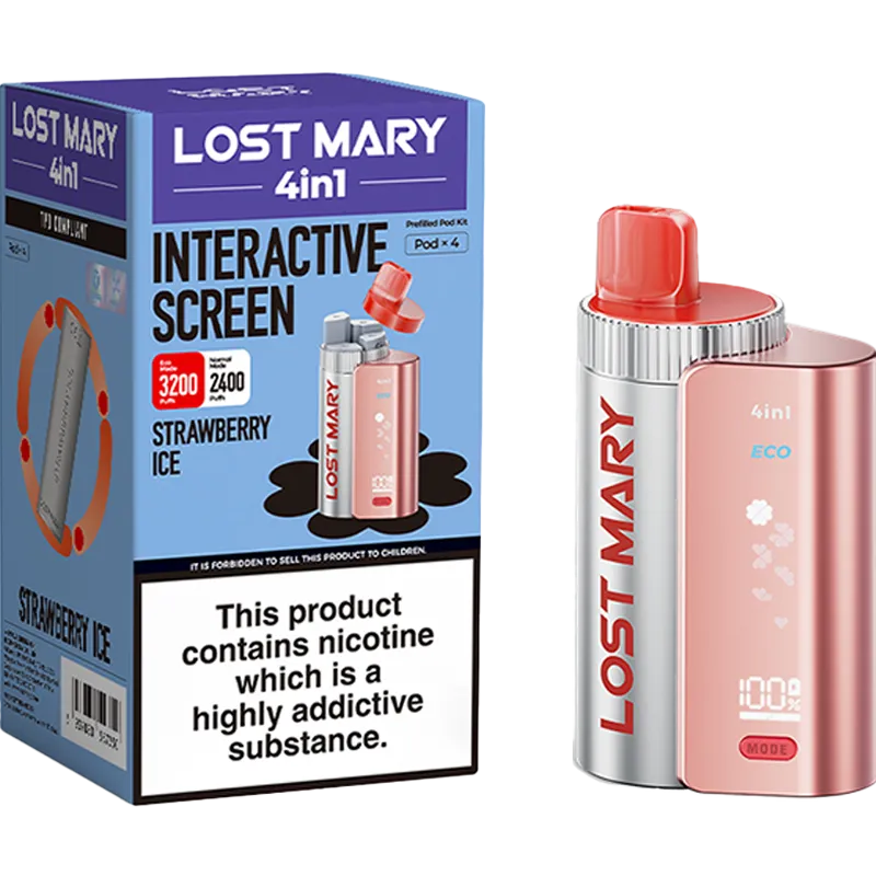 Strawberry ice flavoured Lost Mary 4in1 3200 pod kit and box on a white background