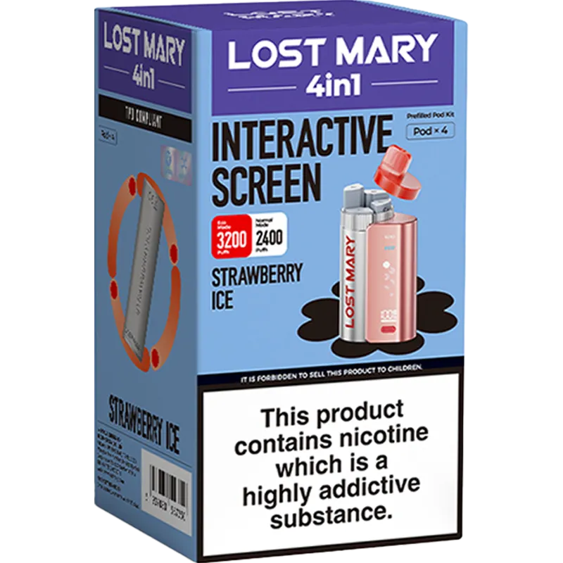 Strawberry ice flavoured Lost Mary 4in1 3200 pod kit box on a white background