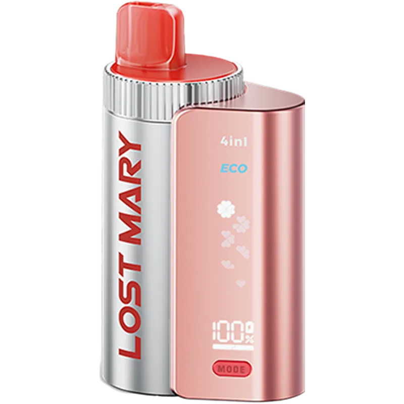 Strawberry ice flavoured Lost Mary 4in1 3200 pod kit on a white background with product information below in gold boxes.