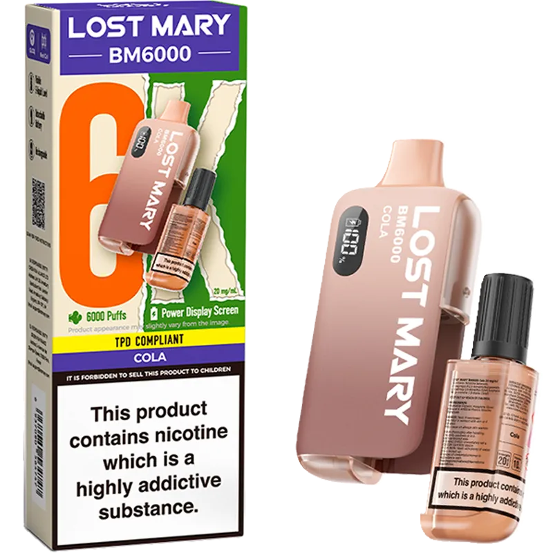 Lost Mary BM6000 cola flavoured disposable vape and box on a white background.