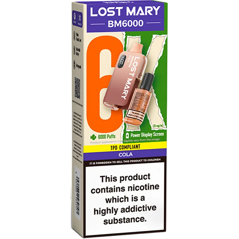 Lost Mary BM6000 cola flavoured disposable vape box on a white background.