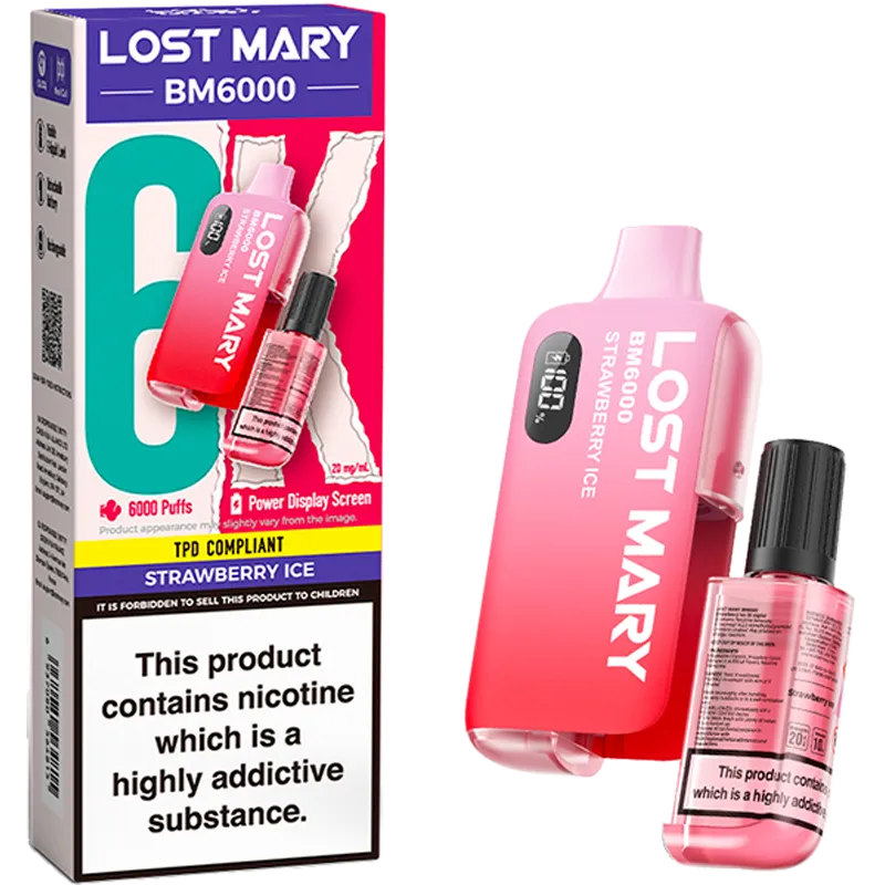 Lost Mary BM6000 strawberry ice disposable vape and box on a white background.