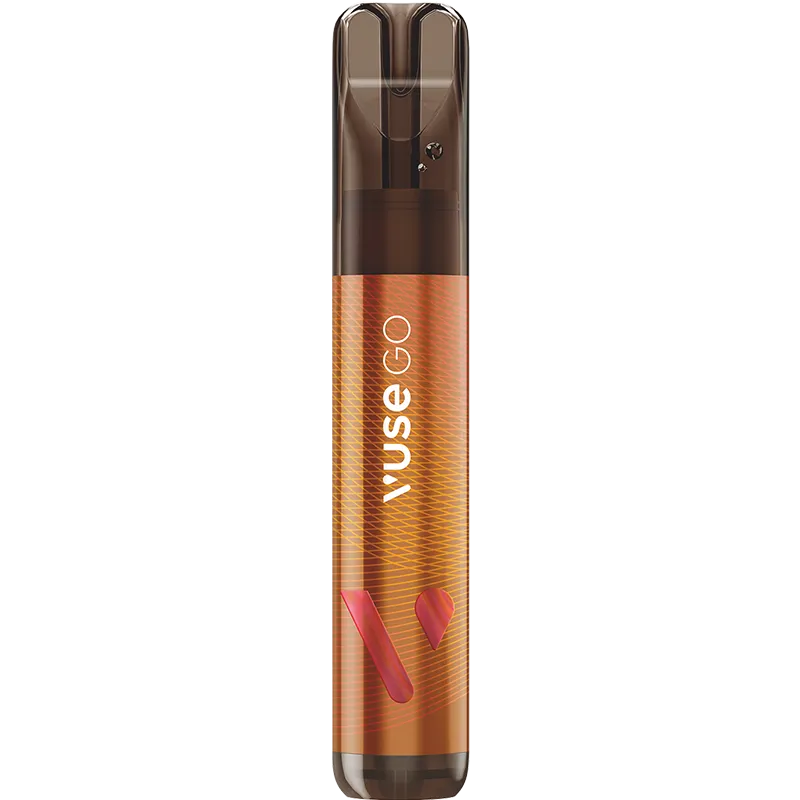 Creamy tobacco flavoured Vuse GO 1000 disposable vape on a white background with product information below in gold boxes.