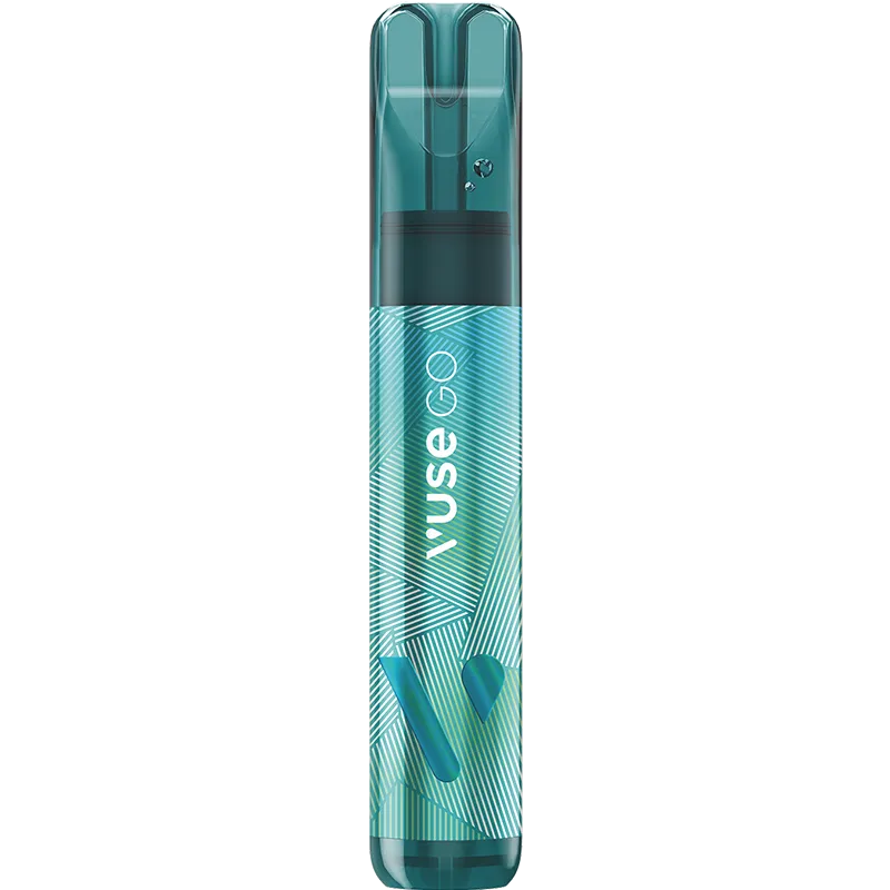 Mint ice Vuse GO 1000 disposable vape on a white background with product information below in gold boxes.